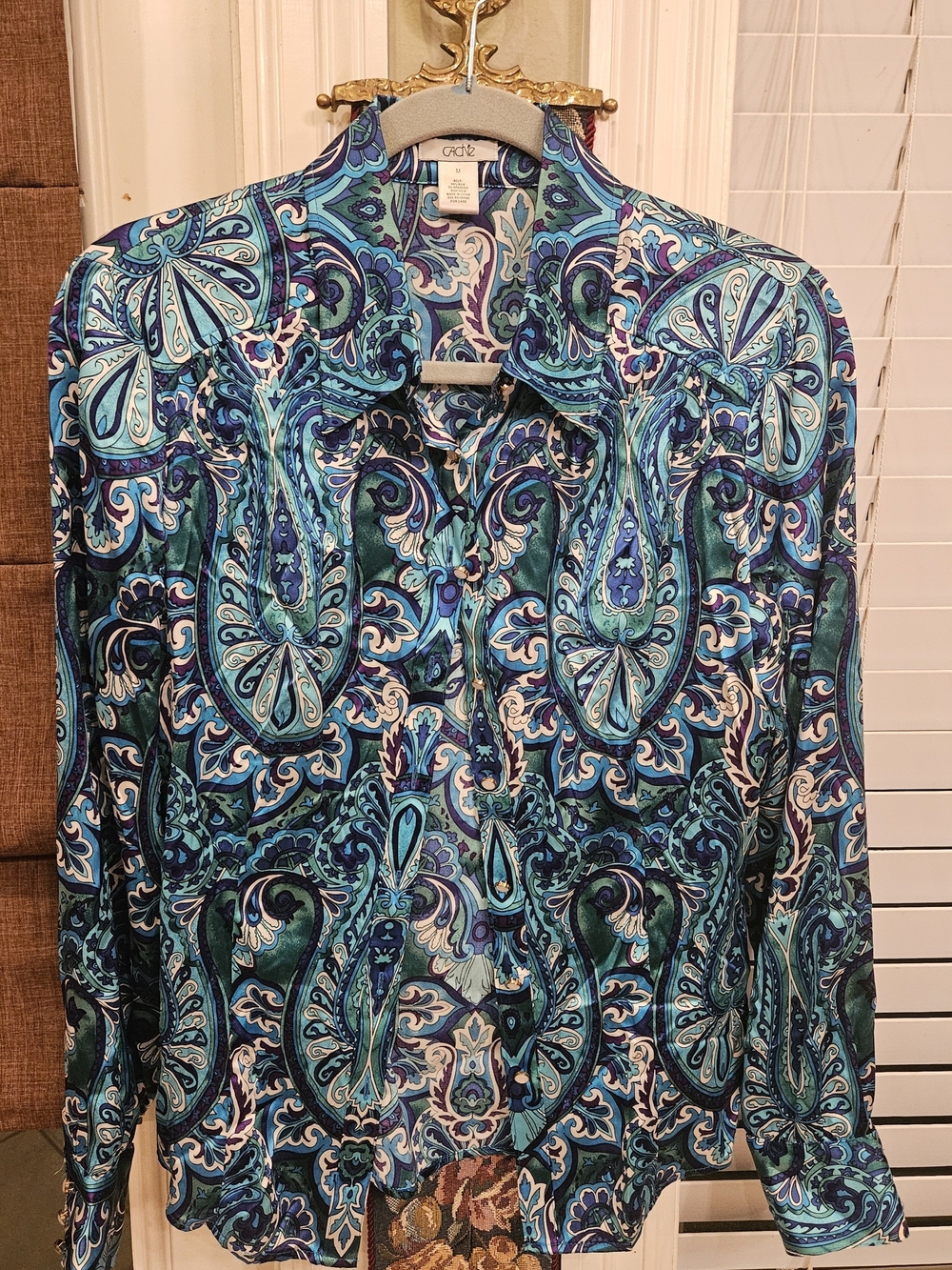 Cache Blue & Purple Silk Women Blouse Peal And Gold Buttons